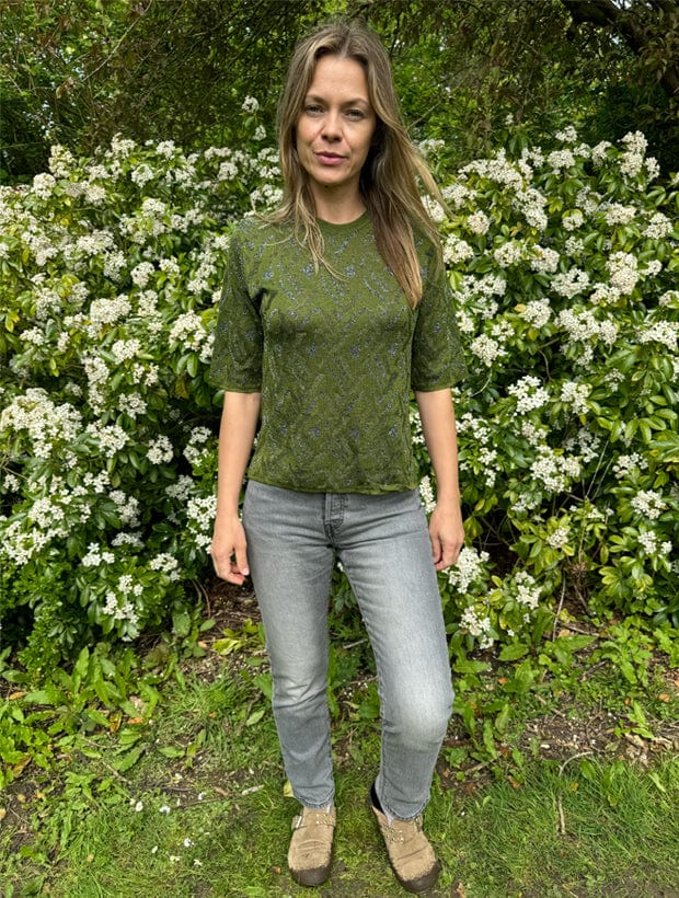 Aria Knitted T-shirt Viscose Jacquard Olive Green Genevieve Sweeney