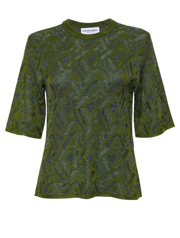Aria Knitted T-shirt Viscose Jacquard Olive Green Genevieve Sweeney