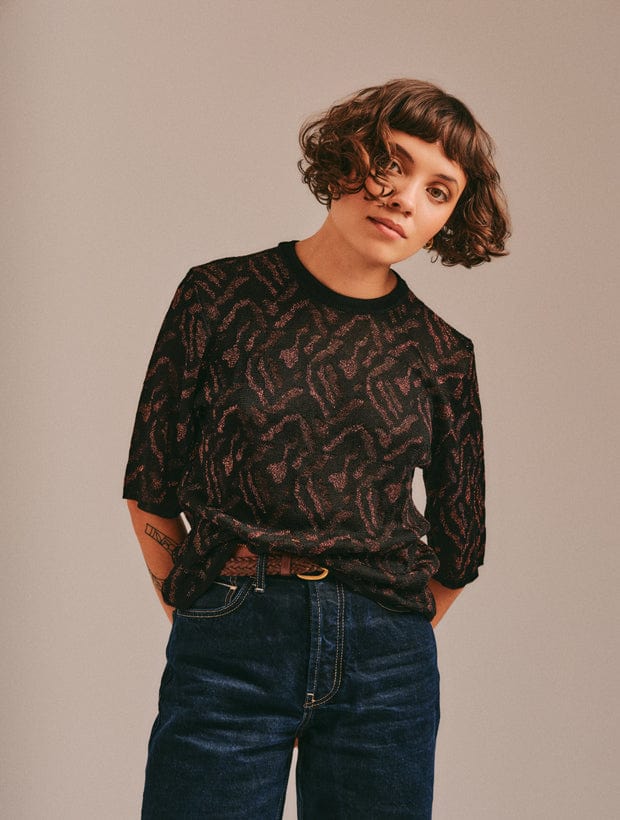 Aria Knitted T-shirt Viscose Jacquard Black Genevieve Sweeney
