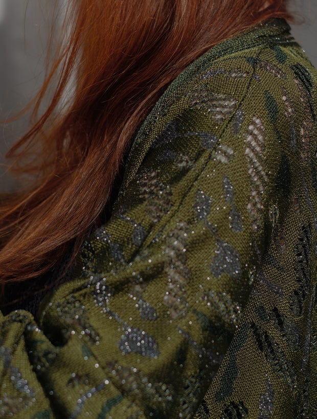 Aster Jacquard Lace Knitted Long Cardigan Olive Genevieve Sweeney