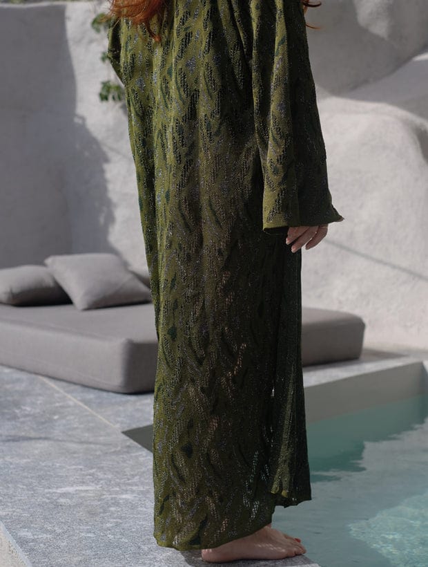 Aster Jacquard Lace Knitted Long Cardigan Olive Genevieve Sweeney