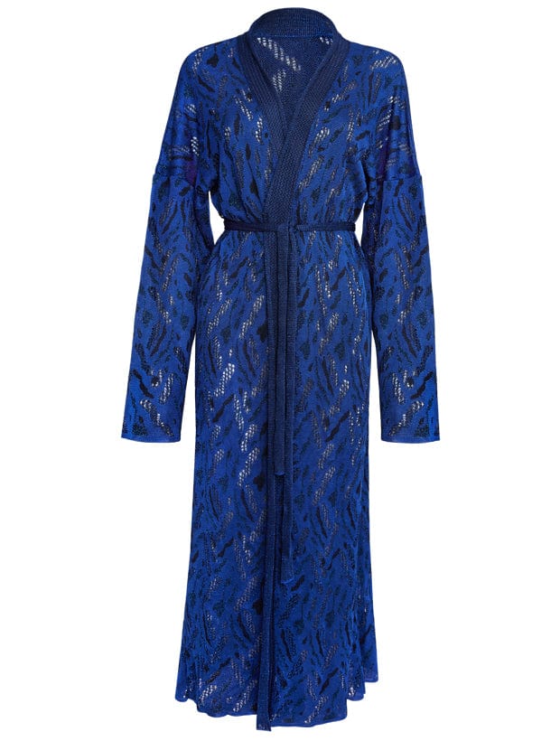 Aster Jacquard Lace Knitted Long Cardigan Blue Genevieve Sweeney