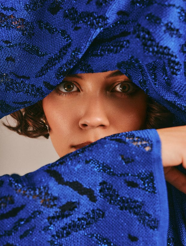 Aster Jacquard Lace Knitted Long Cardigan Blue Genevieve Sweeney