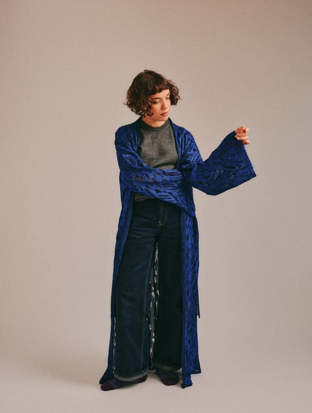 Aster Jacquard Lace Knitted Long Cardigan Blue Genevieve Sweeney