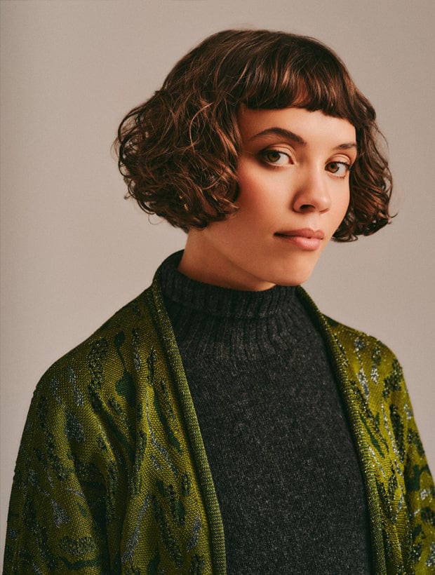 Aster Jacquard Lace Knitted Long Cardigan Olive Genevieve Sweeney