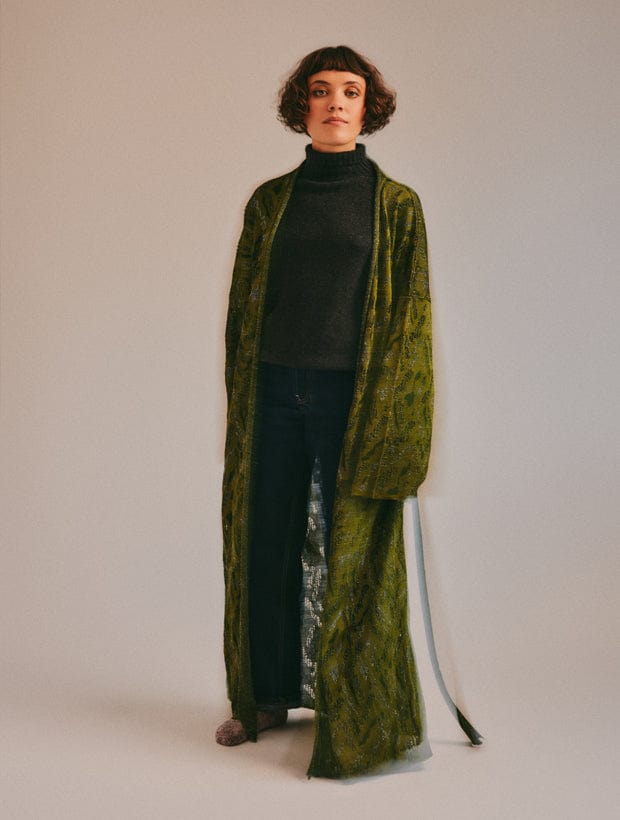 Aster Jacquard Lace Knitted Long Cardigan Olive Genevieve Sweeney