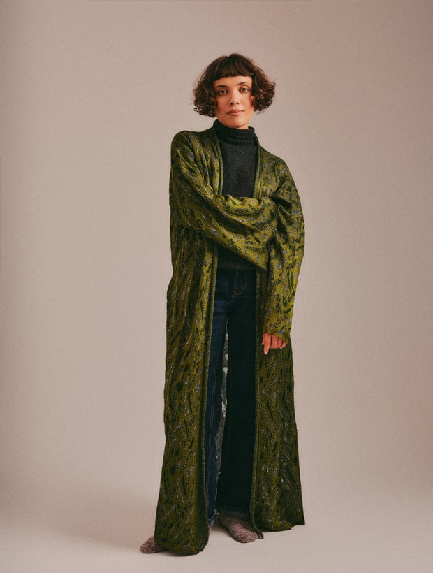 Aster Jacquard Lace Knitted Long Cardigan Olive Genevieve Sweeney