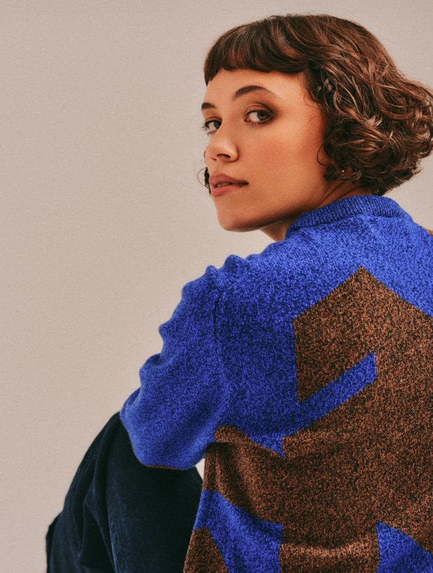 Leyden Geometric Lambswool Sweater Blue Genevieve Sweeney