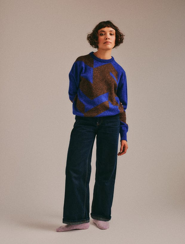 Leyden Geometric Lambswool Sweater Blue Genevieve Sweeney