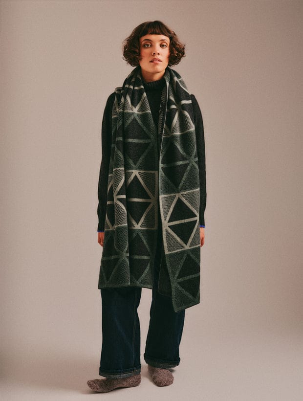 Geometric Lambswool Blanket Scarf Green Genevieve Sweeney