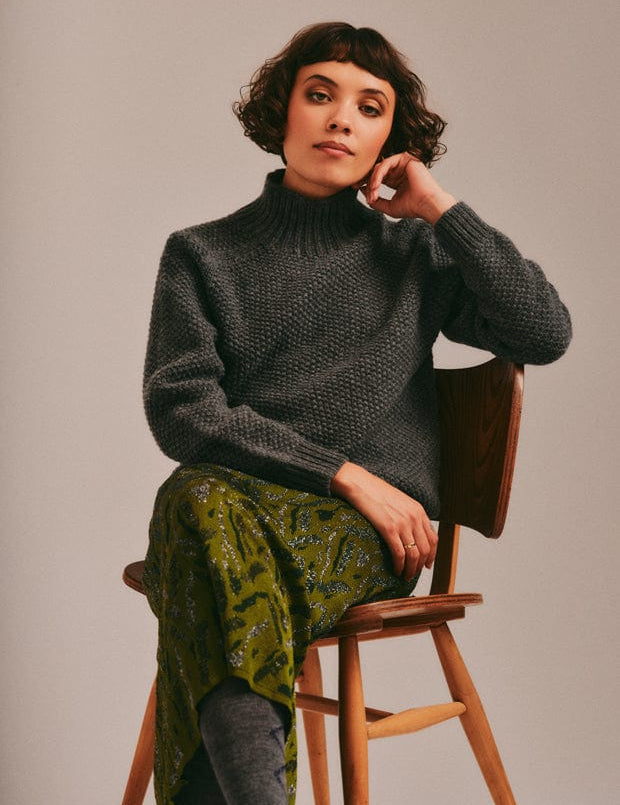 Rora Chunky Moss Stitch Lambswool Roll Neck Sweater Grey Genevieve Sweeney