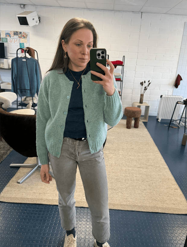 Lenzie Brushed Wool Cardigan Celadon Green Genevieve Sweeney