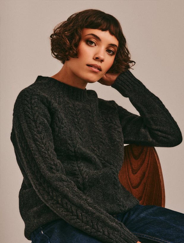 Wroxton Cable Lambswool Sweater Charcoal Genevieve Sweeney