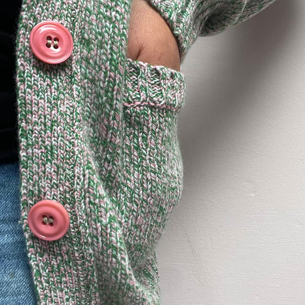 Alva Cardigan Green Marl Pocket and Pink Buttons