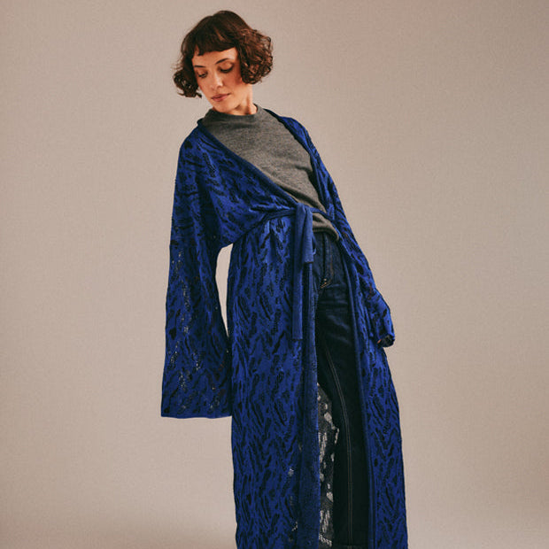 Genevieve Sweeney Aster Viscose Jacquard Lace Kimono Blue Shimmer