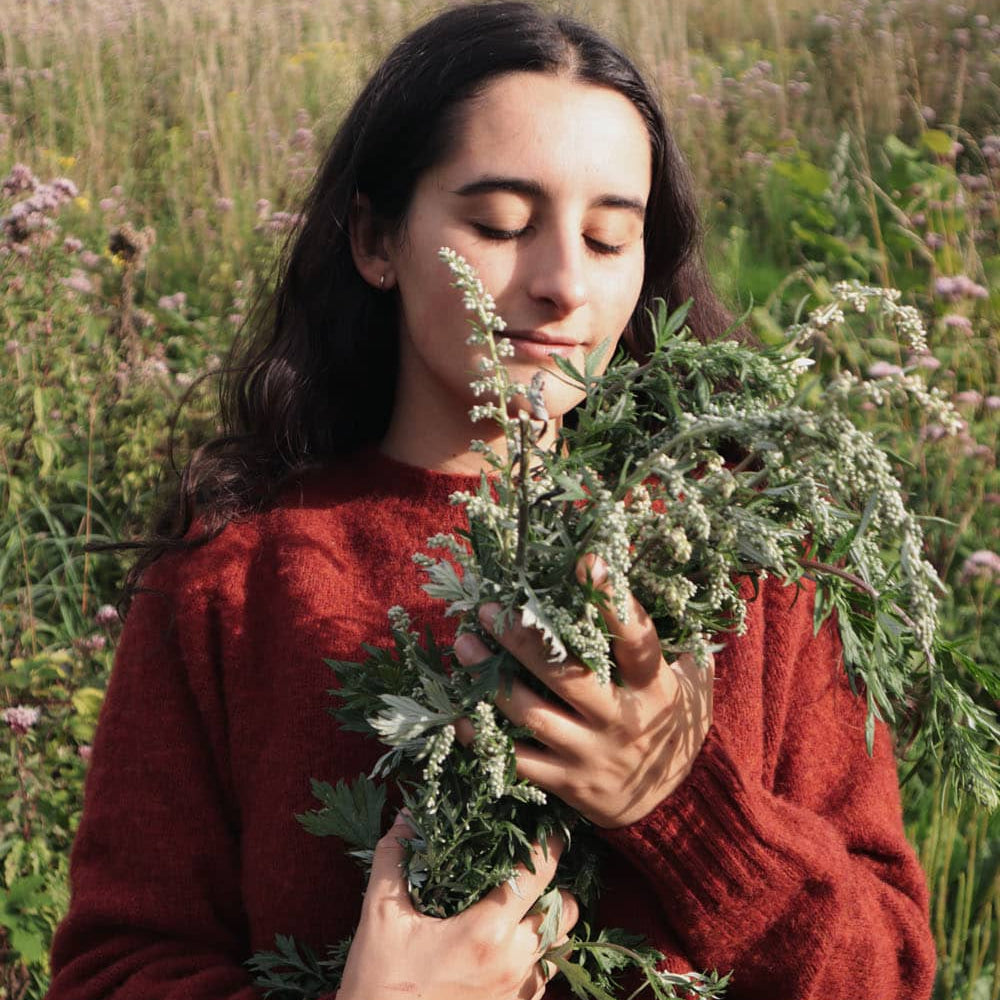 Elsa Evelyn Foraging in the Leslie Wool Sweater in Spiced Red
