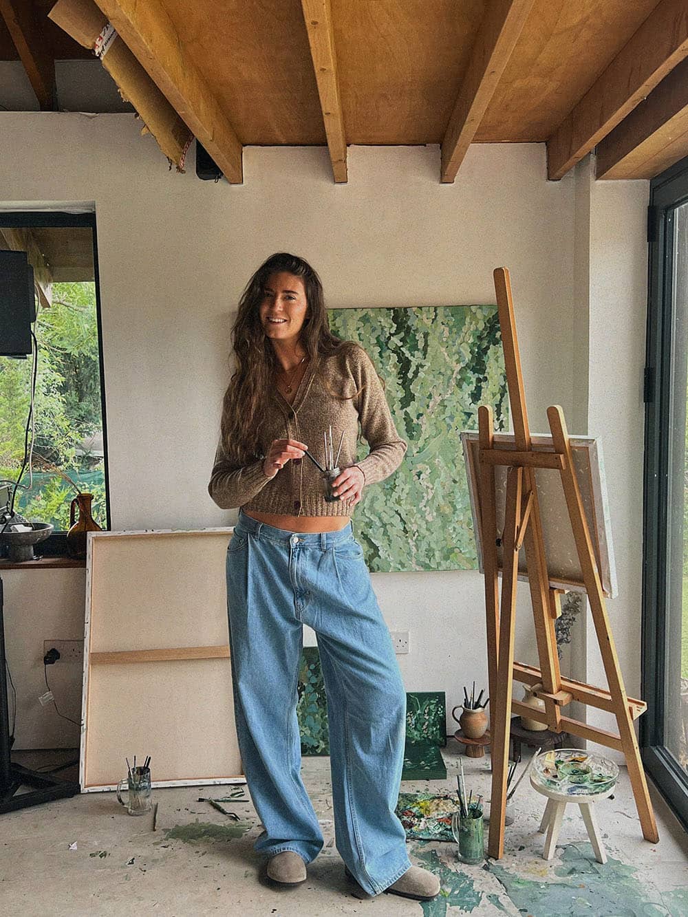 Alloa Lambswool Cardiga Lichen as seen on artist Harlie Briggs