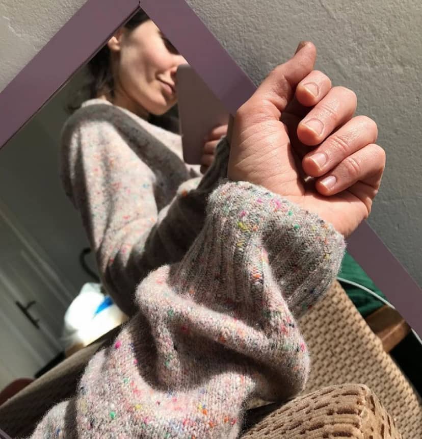 Maud Sweater Pink sleeve detail with colourful tweeds