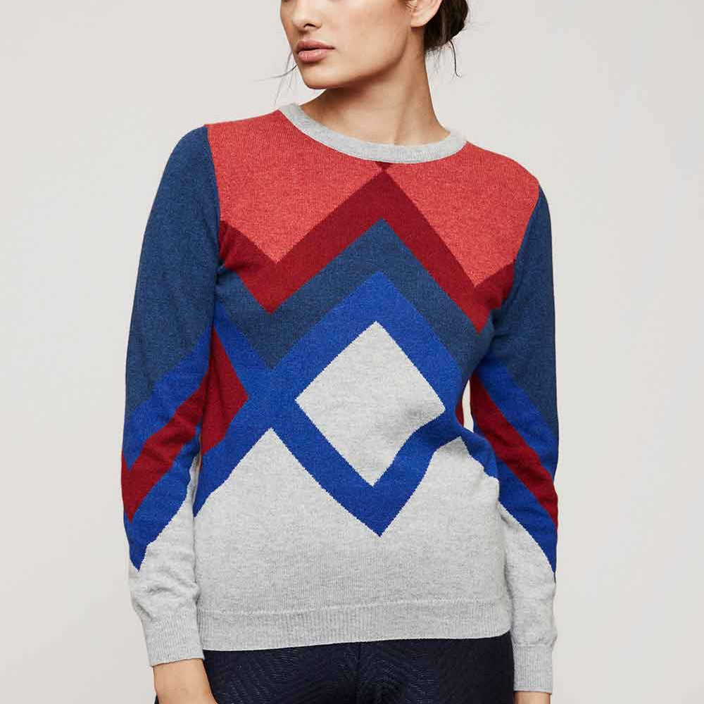 ladies cashmere sweater geometric red and blue cashmere