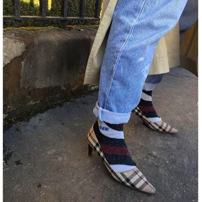 Serora Sparkly Stripe Socks Navy worn with burberry heels