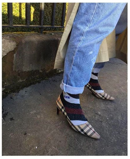 Serora Sparkly Stripe Socks Navy worn with burberry heels