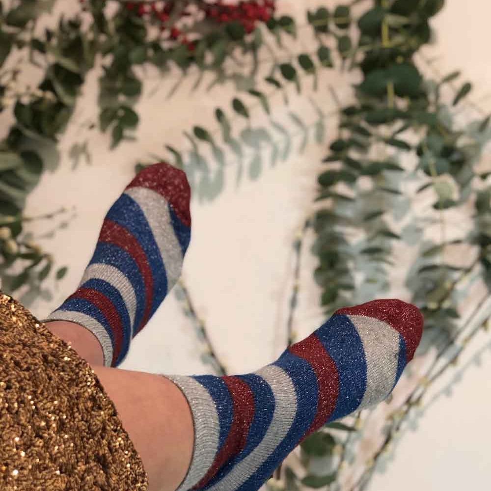 Serora Sparkly Stripe Socks blue and red
