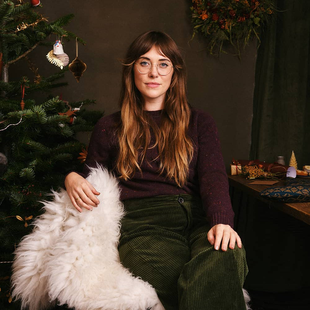 Maud Lambswool Cashmere Sweater Plum styled with olive green corduroys