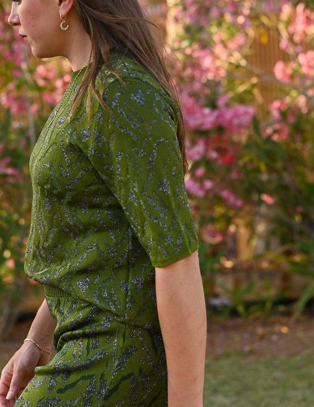 Aria Knitted T-shirt Viscose Jacquard Olive Green Genevieve Sweeney