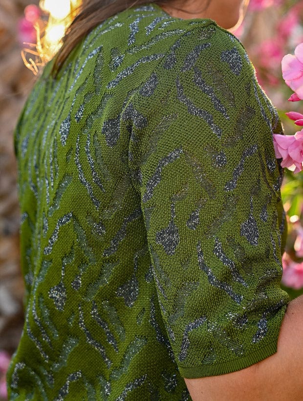 Aria Knitted T-shirt Viscose Jacquard Olive Green Genevieve Sweeney