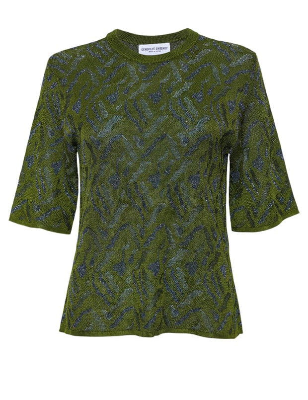 Aria Knitted T-shirt Viscose Jacquard Olive Green Genevieve Sweeney