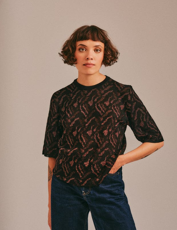 Aria Knitted T-shirt Viscose Jacquard Black Genevieve Sweeney