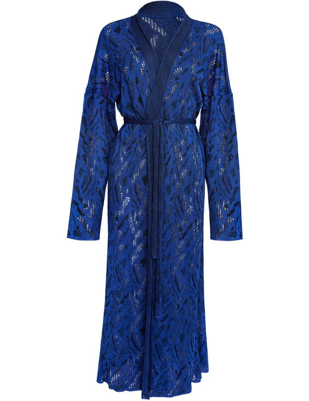 Aster Jacquard Lace Knitted Long Cardigan Blue Genevieve Sweeney