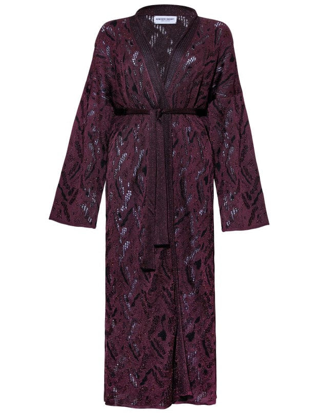 Aster Jacquard Lace Knitted Long Cardigan Burgundy Genevieve Sweeney