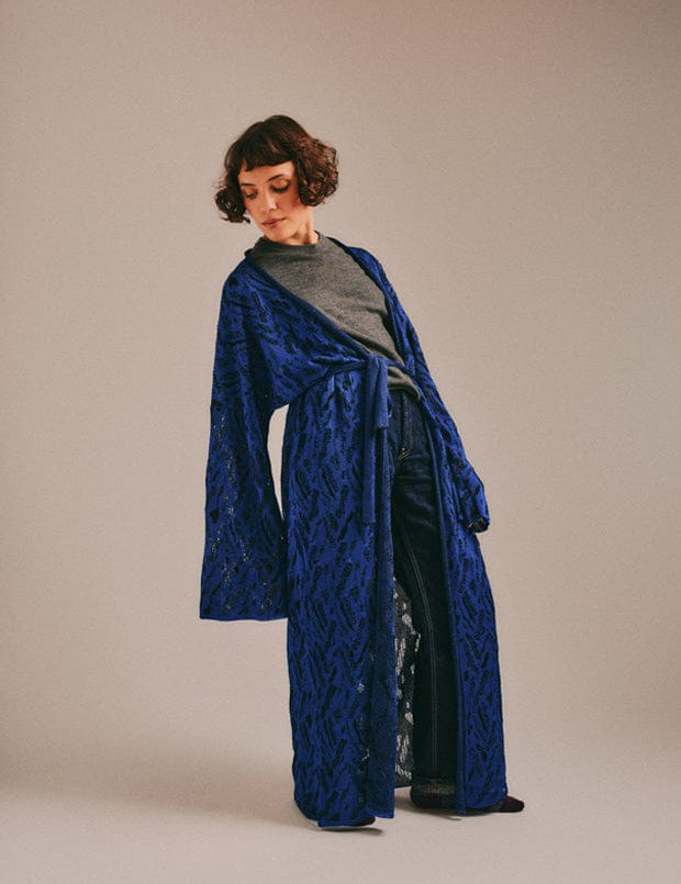 Aster Jacquard Lace Knitted Long Cardigan Blue Genevieve Sweeney
