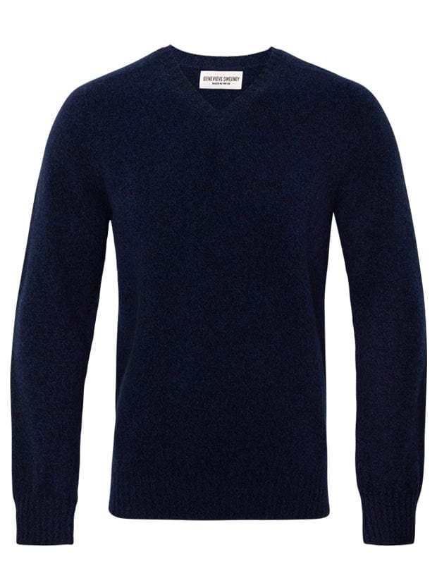 Ellon V neck Lambswool Sweater Navy Marl Genevieve Sweeney