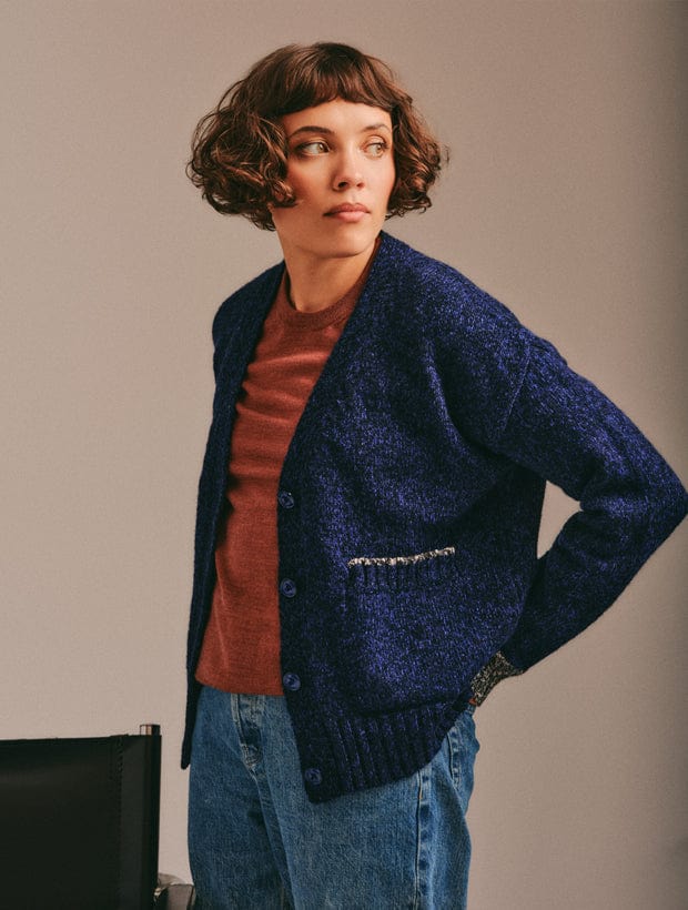 Lea Cardigan Textured Lambswool Navy Genevieve Sweeney