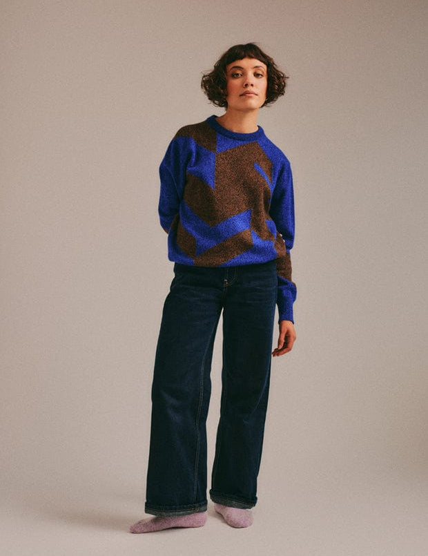 Leyden Geometric Lambswool Sweater Blue Genevieve Sweeney