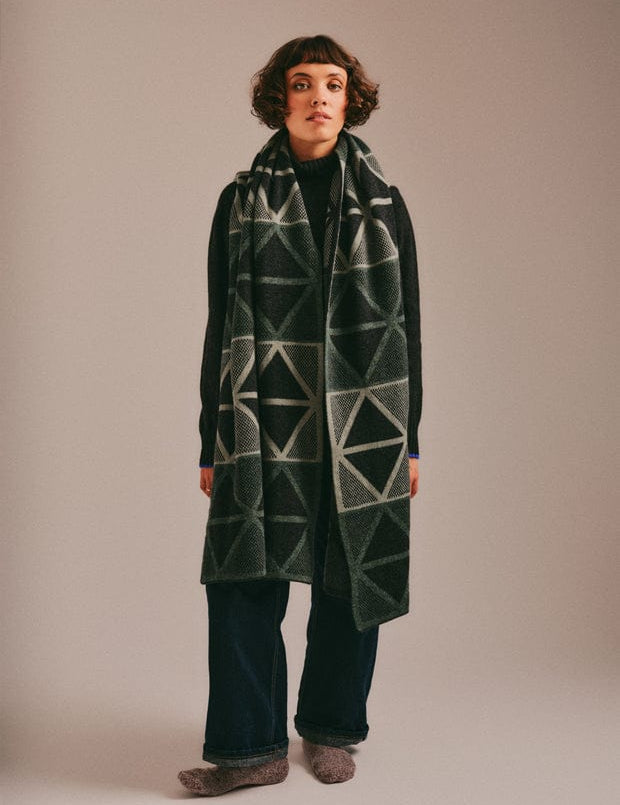 Geometric Lambswool Blanket Scarf Green Genevieve Sweeney