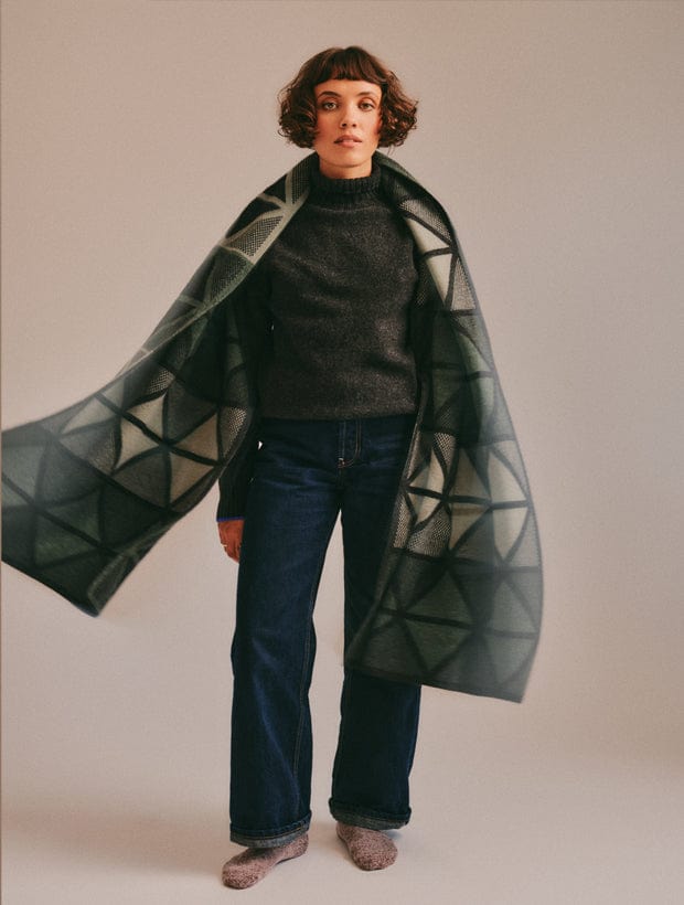 Geometric Lambswool Blanket Scarf Green Genevieve Sweeney