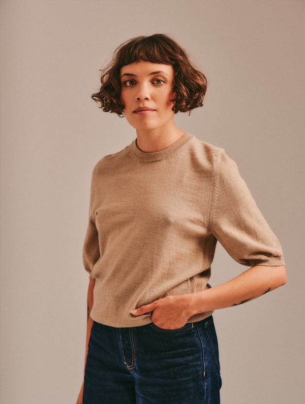 Quin Merino Wool Knitted T-shirt Beige Genevieve Sweeney