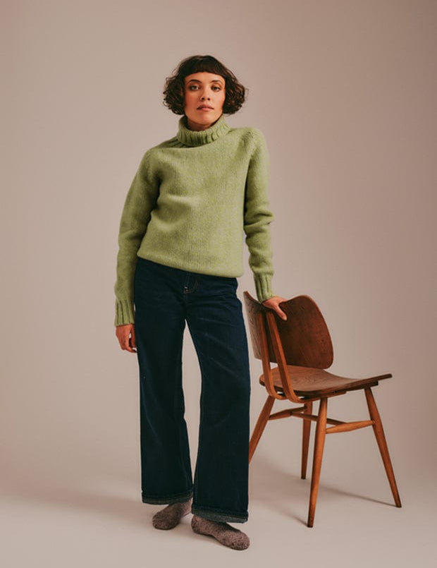 Rae Chunky Lambswool Roll Neck Sweater Lime Marl Genevieve Sweeney