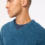 Mauden Lambswool Cashmere V-neck Sweater Teal Blue Tweed