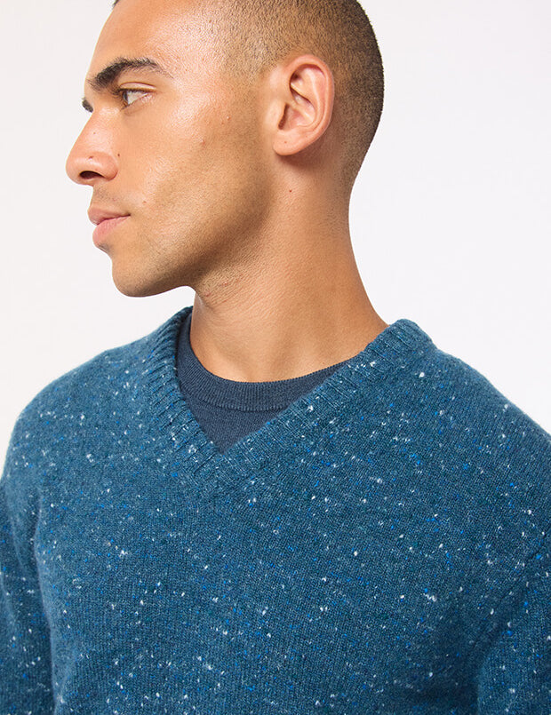 Mauden Lambswool Cashmere V-neck Sweater Teal Blue Tweed
