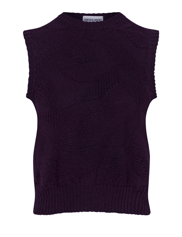 A sleeveless cable-knit sweater vest in deep purple, shown flat against a plain white background.