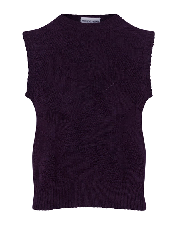 A sleeveless cable-knit sweater vest in deep purple, shown flat against a plain white background.