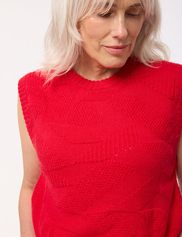 Soar Merino Wool Textured Stitch Knitted Vest Bright Red