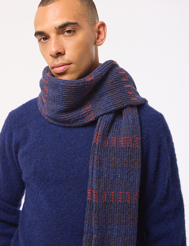 Textured Stripe Lambswool Scarf Navy & Orange