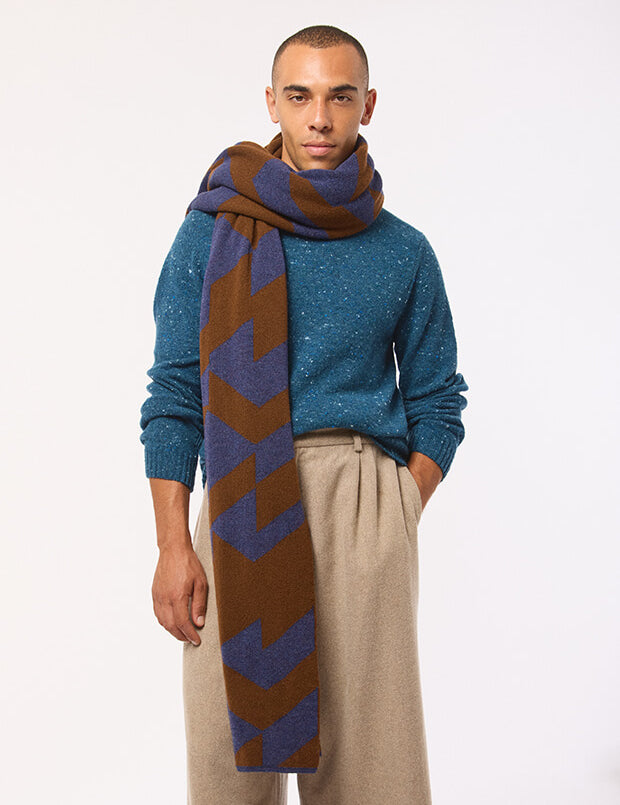 Geometric Lambswool Blanket Scarf Ink Blue