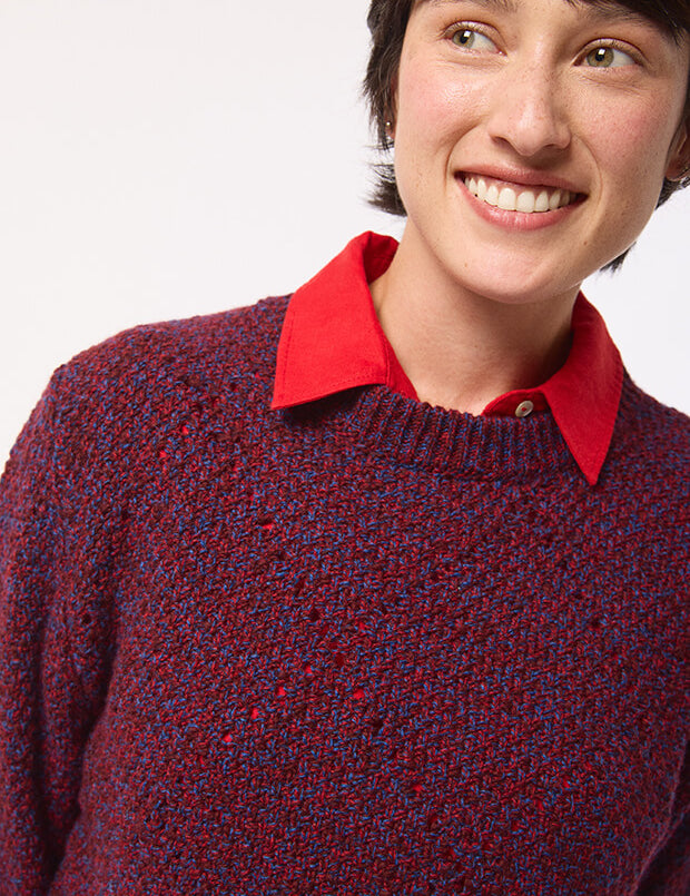 Mora Chunky Lambswool Moss Stitch Sweater Burgundy Marl