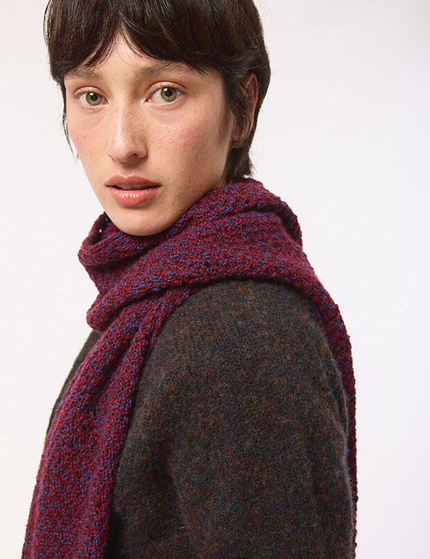 Lambswool Moss Stitch Pointelle Scarf Burgundy Marl